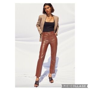 Aritzia Wilfred Melina Cognac Brown Vegan Leather Straight Leg Pants Size 6
